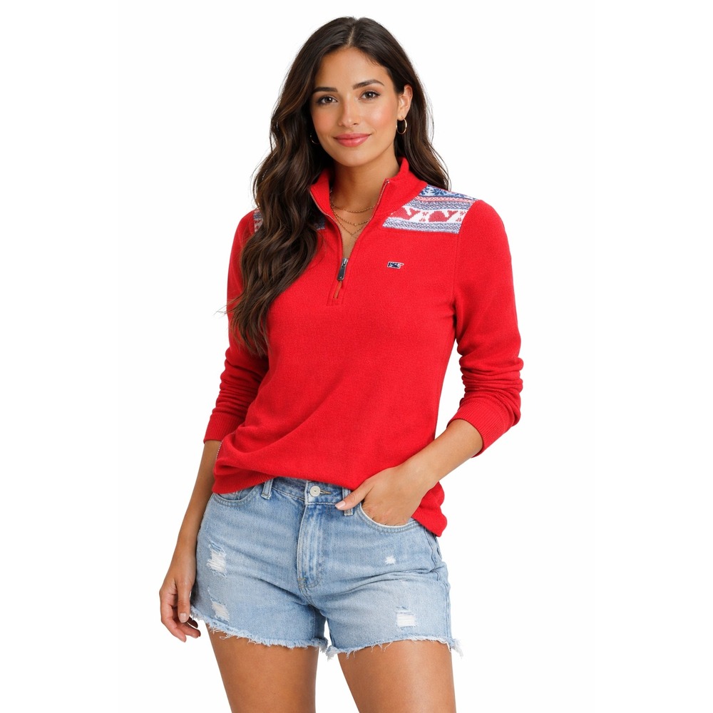 Vineyard Vines Red Fair Isle‎ Whale Quarter Zip Pullover Cotton XS